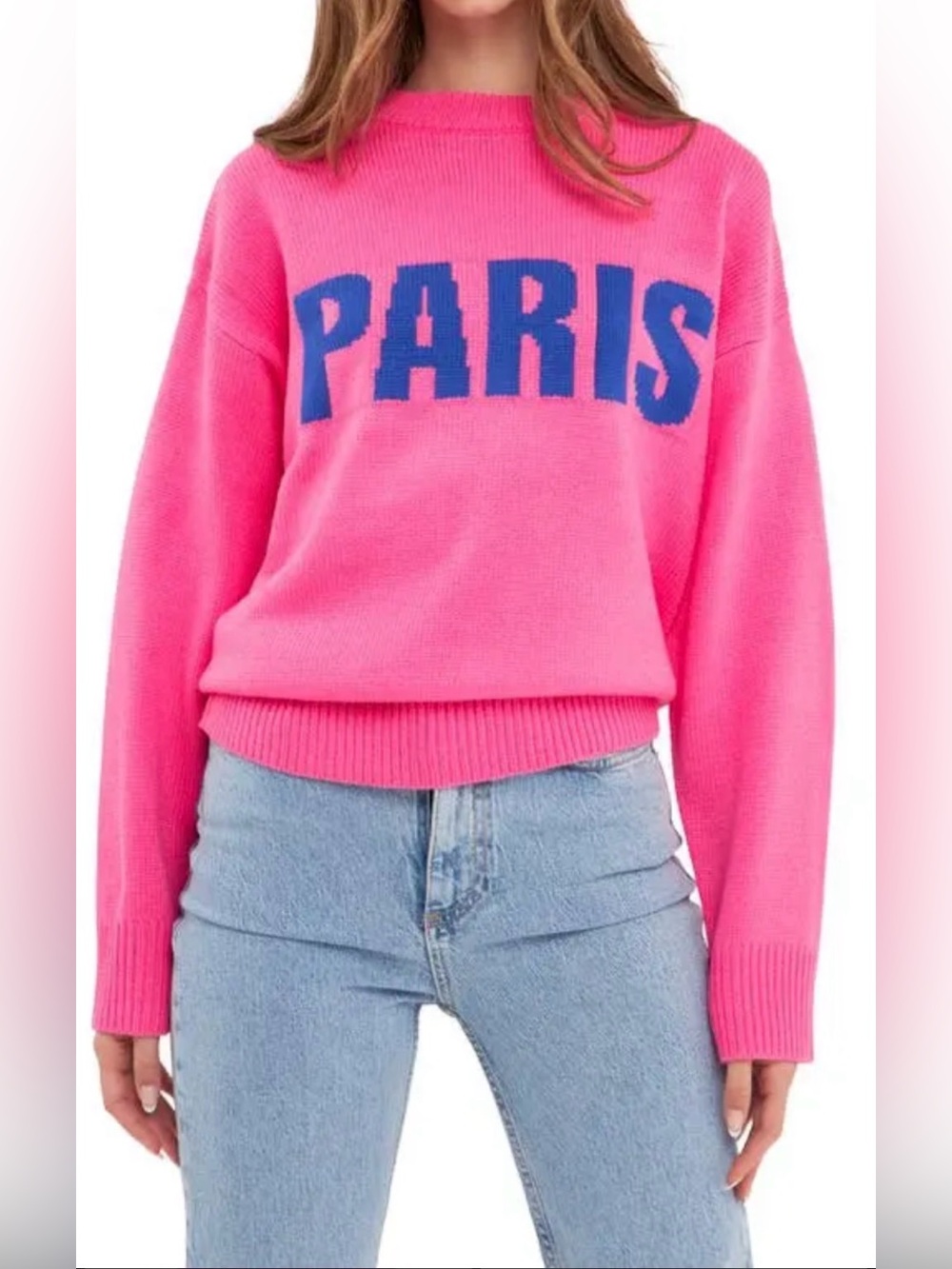 English Factory Hot Pink Turtleneck Sweater with Blue PARIS Graphic